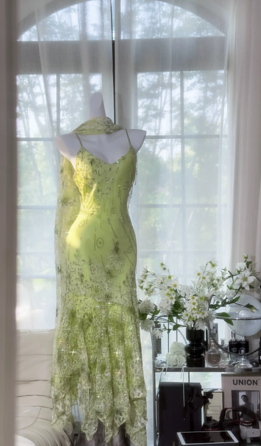 Classy Spaghetti Straps Light Green Chiffon Beaded Mermaid Evening Dress Long Party Dress D1377