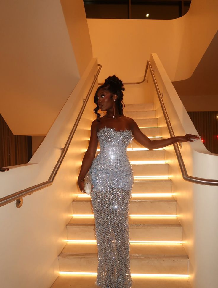 Glitter Sky Blue Strapless Sequin Beaded Sheath Long Party Dress Evening Gown D1106