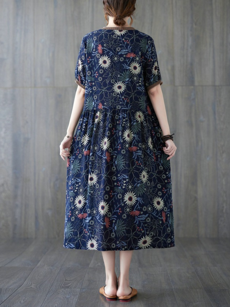 Floral Print V-Neck Short Sleeve Smock Midi Dress 3