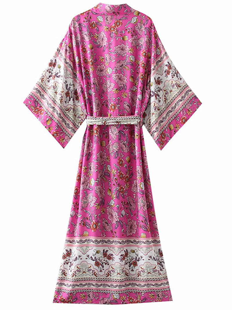 Plant Flowers Print Rose-Red Color Cotton Long Length Gown Kimono Duster Robe - Fashionpara