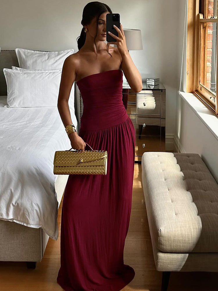 Strapless Ruched Bodice Drop Waist Maxi Dress 3