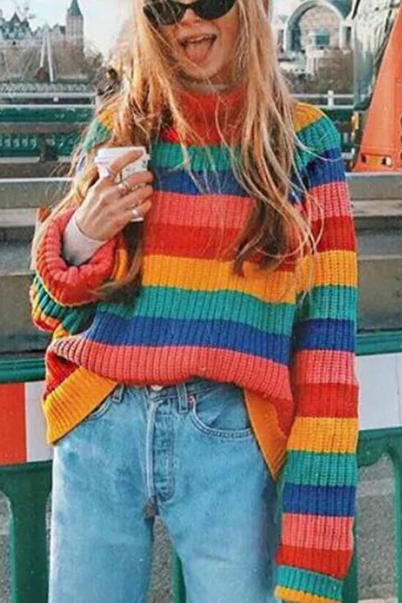 Florcoo Rainbow Striped Loose-Knit Sweater for Effortless Style