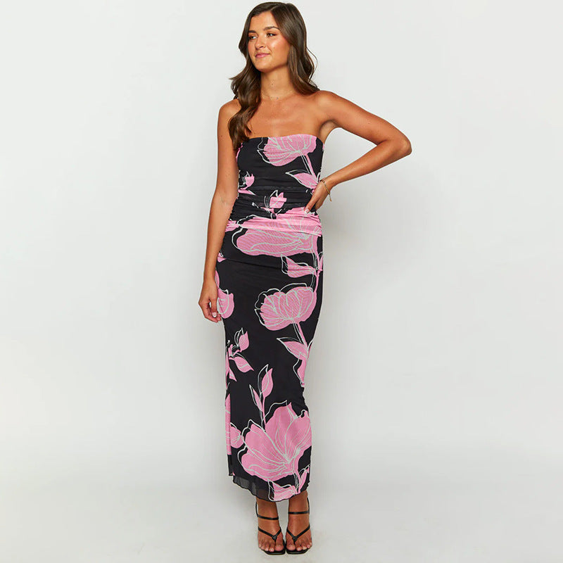 Floral Print Strapless Ruched Bodycon Maxi Dress 3