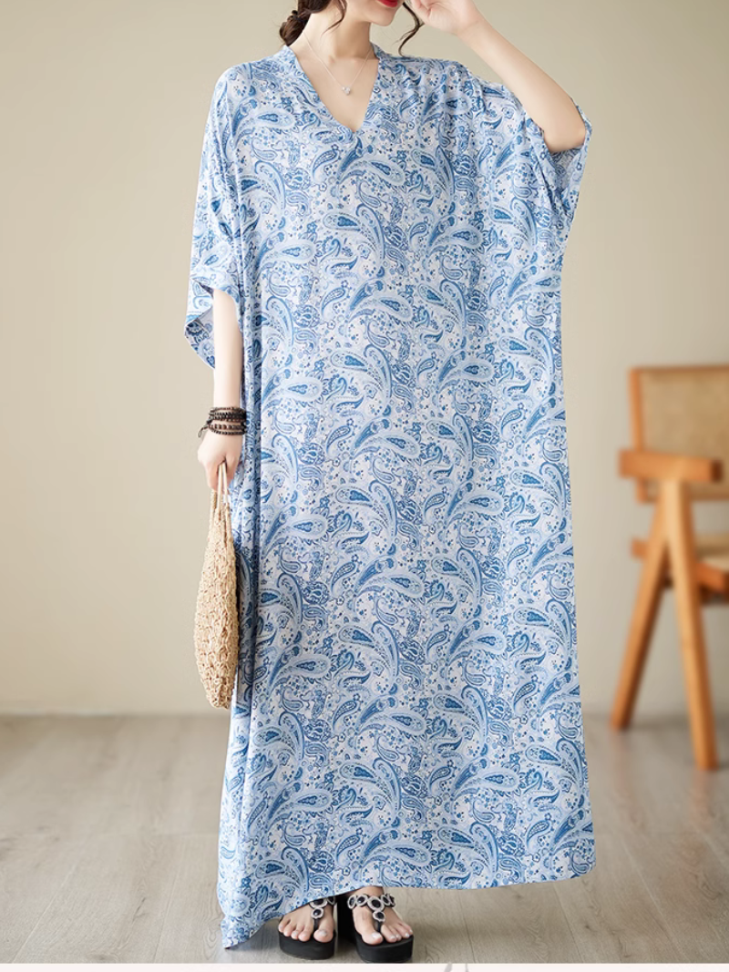 Paisley Print V-Neck Short-Sleeve Kaftan Maxi Dress