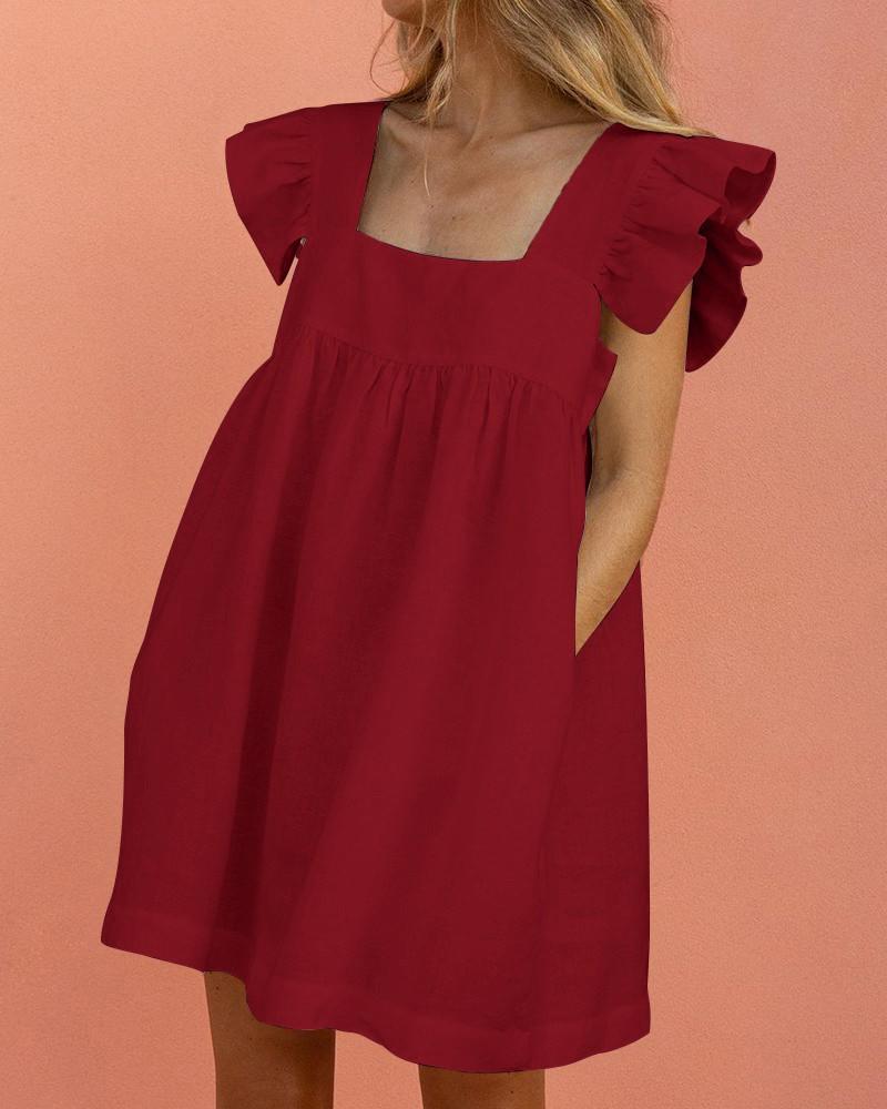 SWEET SQUARE NECK RUFFLE SLEEVE MINI DRESS - Fashionpara