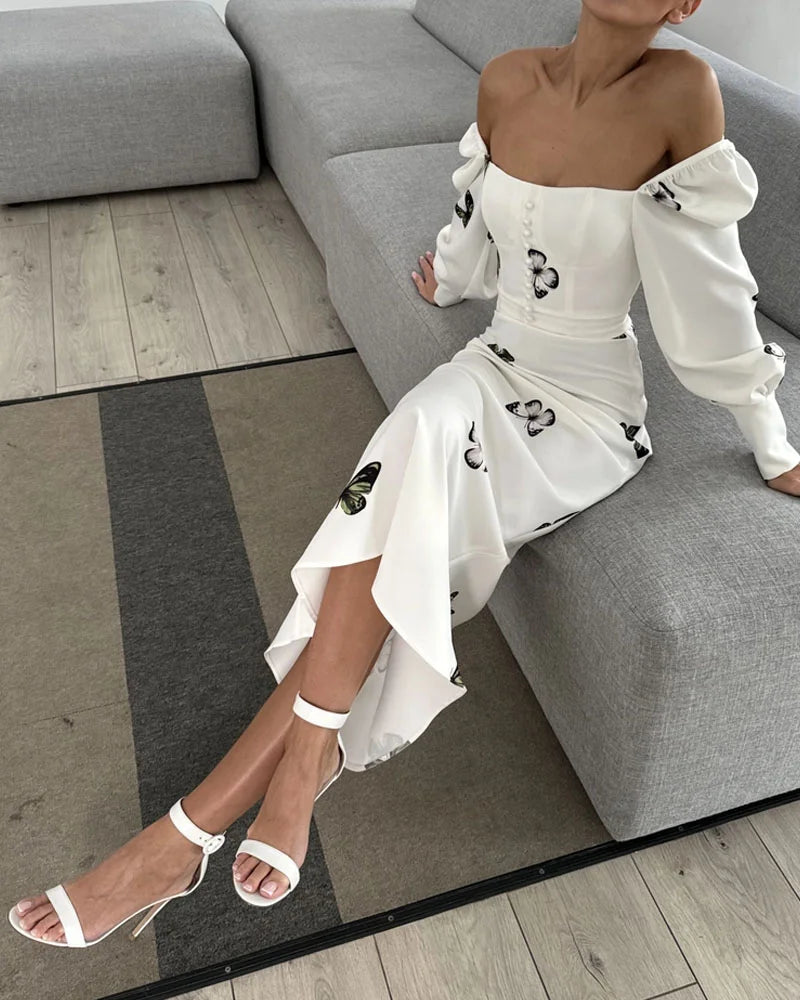 Elegant Square Neck Butterfly Print Fishtail Dress - Fashionpara