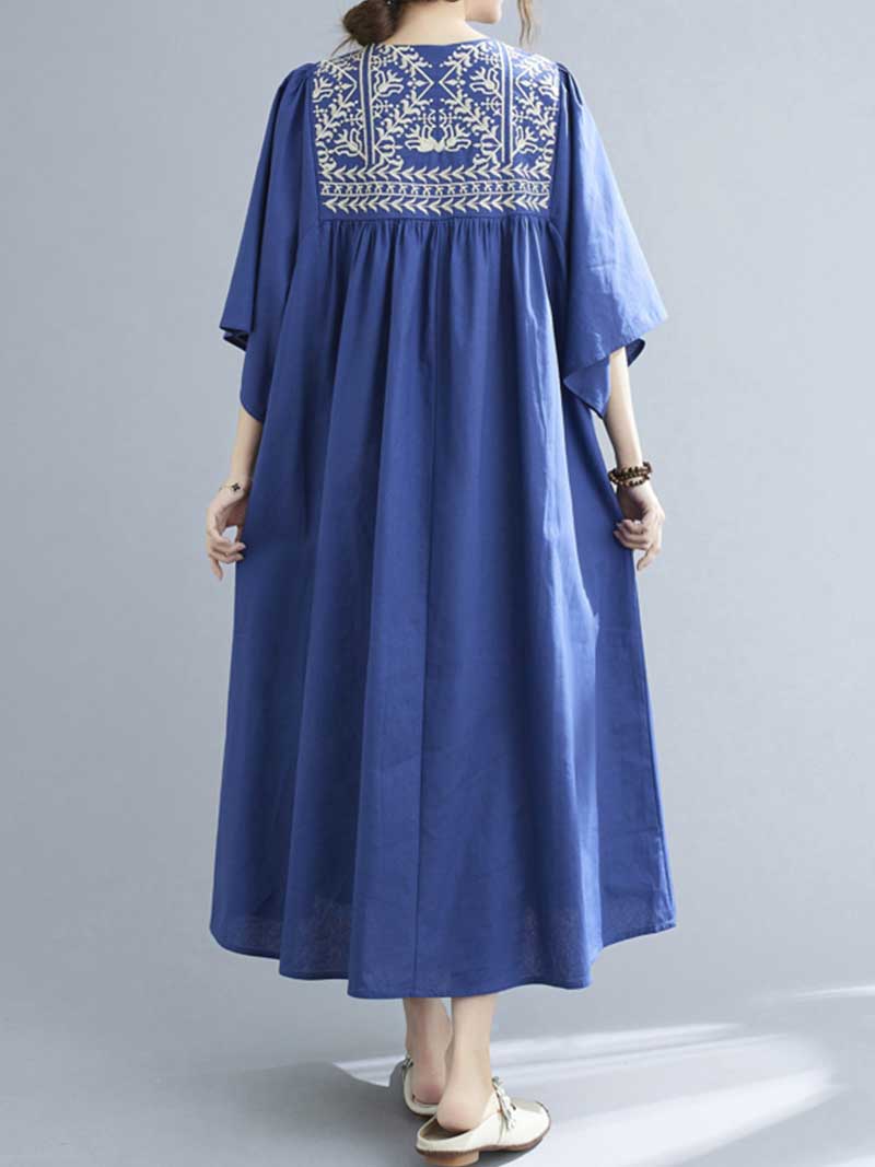 Embroidered Yoke Round Neck Tassel-Tie Batwing Midi Dress 7