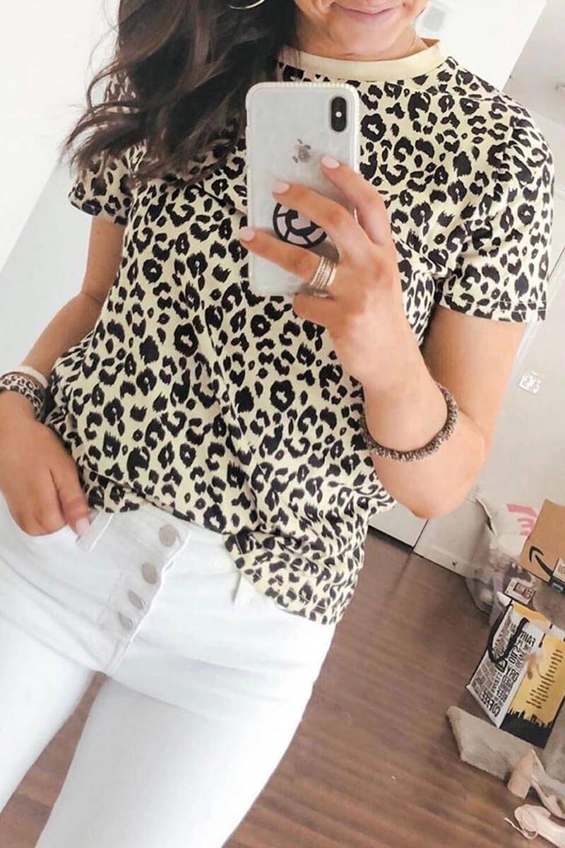 Florcoo Short Sleeve Leopard Print Basic T-shirt