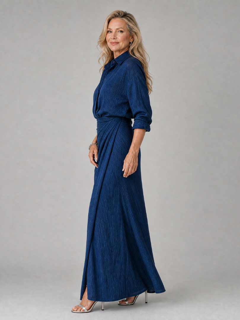 Collared Long Sleeve Wrap Front Maxi Shirt Dress 3