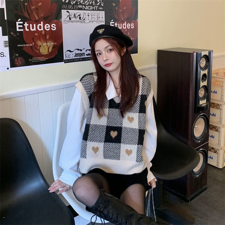 KittenAlarm - Cute Love Plaid V-Neck Vest Sweater