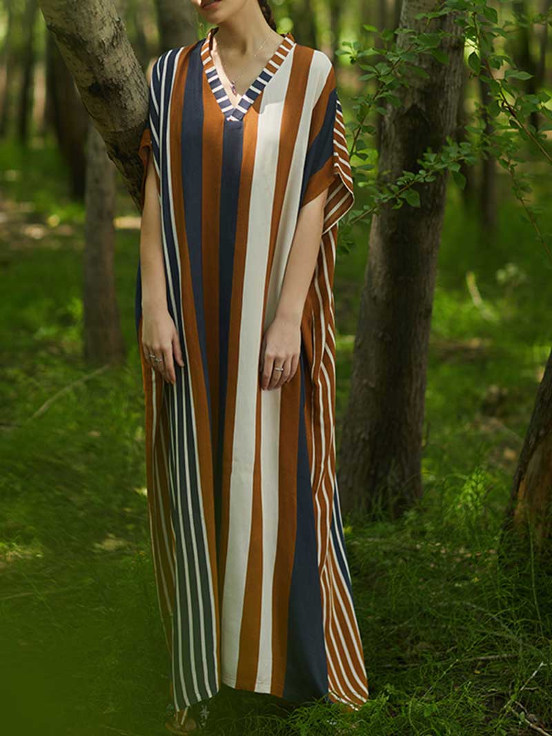 Stripes Print Multicolor Half Sleeves Kaftan Dress - Fashionpara