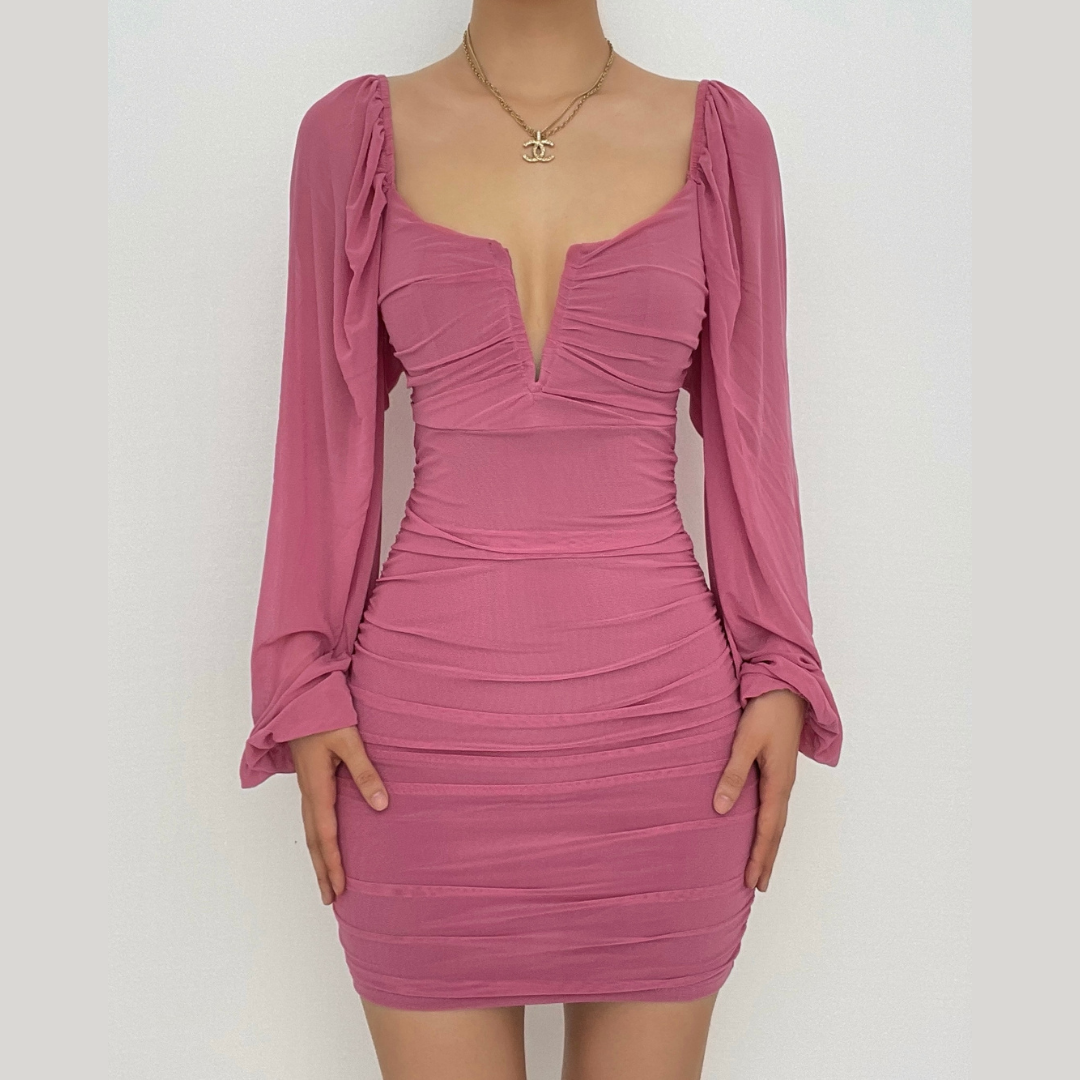Mesh solid long sleeve ruched notch neck zip-up mini dress - View 2