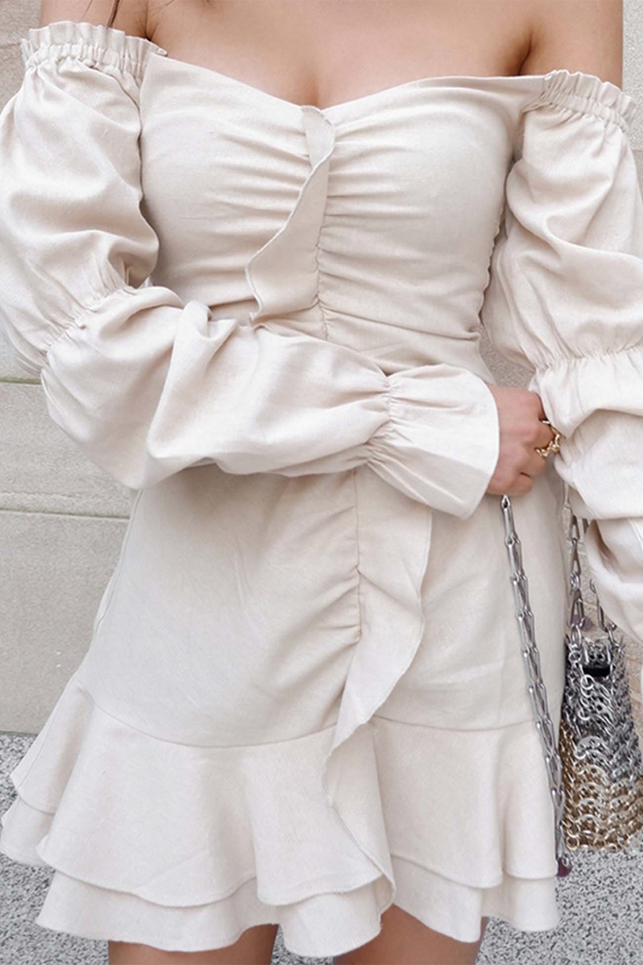 Pleated Balloon Sleeve Mini Dress