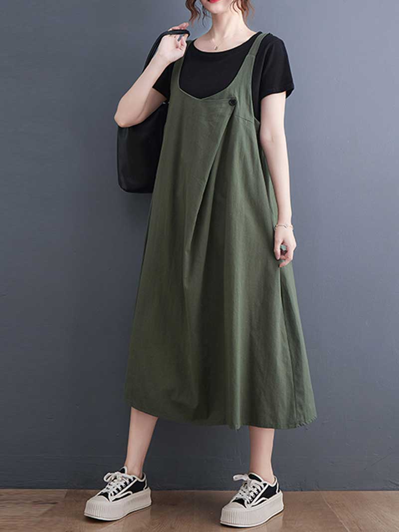 Plain Cotton Round-Neck Salopette Dress - Fashionpara