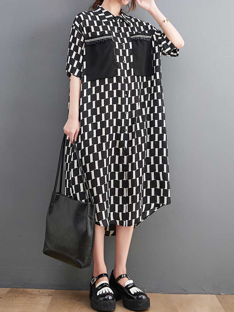 Plaid Print Cotton Front Pockets Shirt Dress 3
