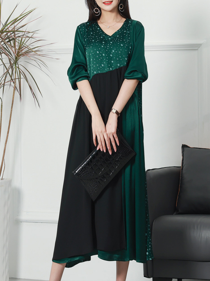 Star Print V-Neck Puff Sleeve Panelled Midi Dress 3