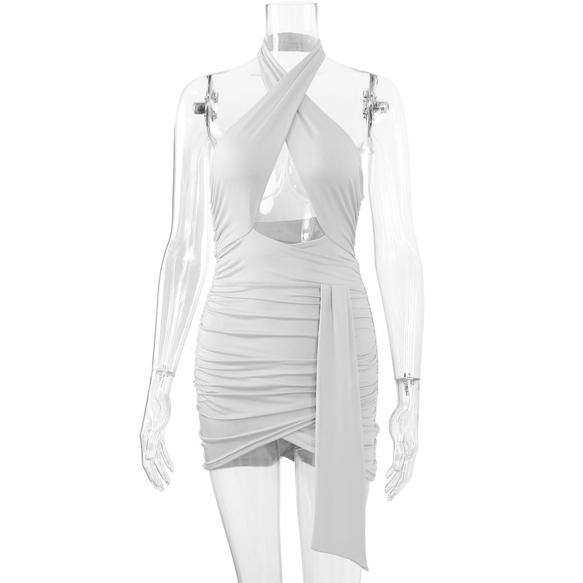 Crossover Halter Cutout Ruched Wrap Mini Dress 3