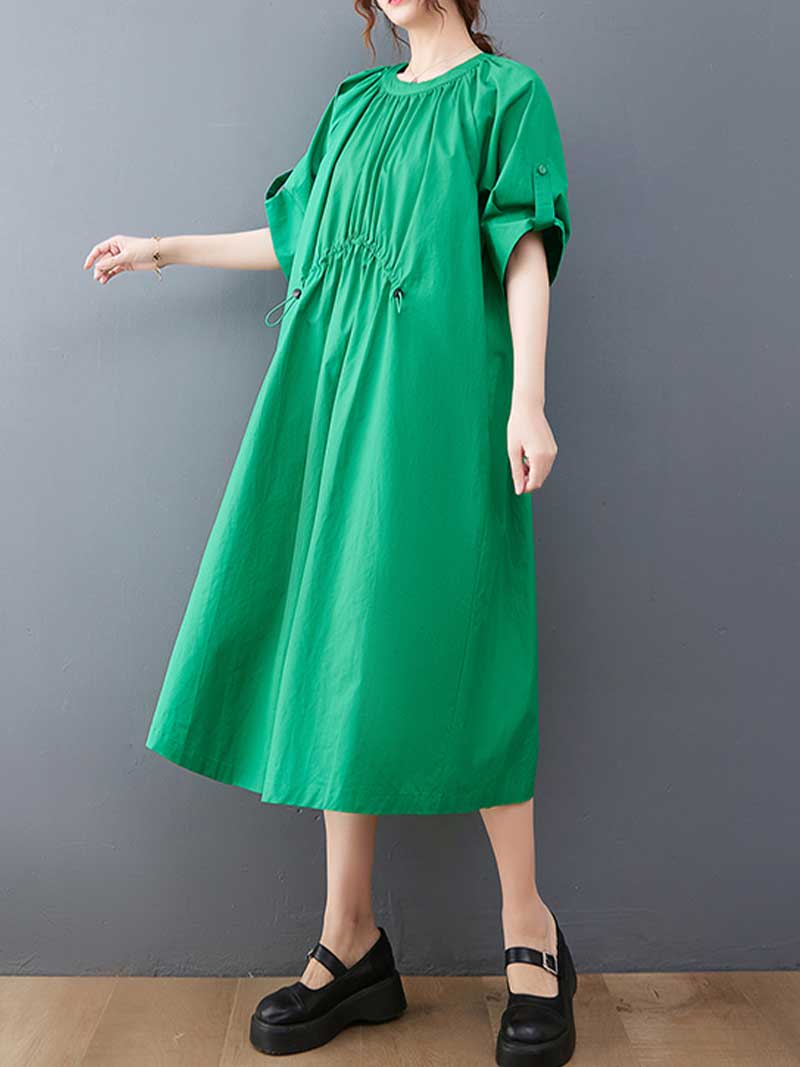 Plain Cotton Short Sleeve A-Line Dress - Fashionpara