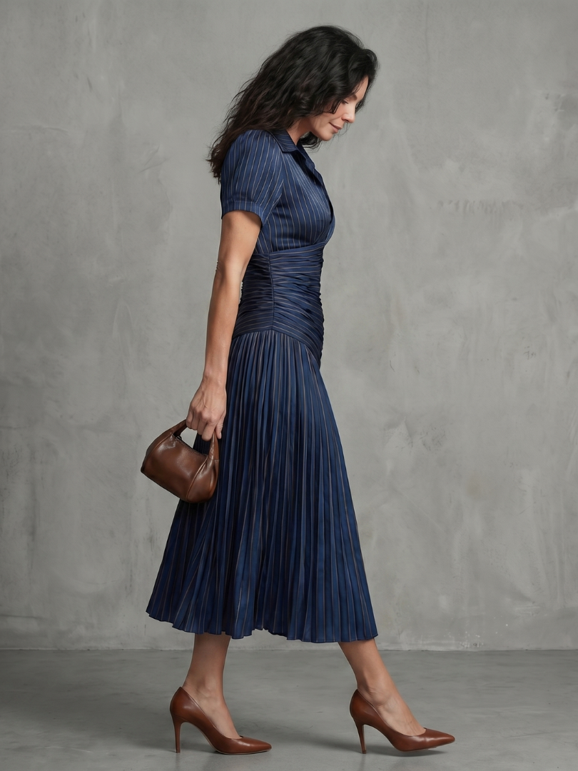 Striped Collared Puff Sleeve Pleated Midi Dress 4