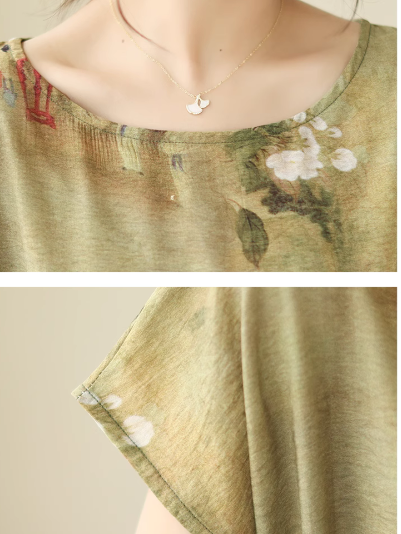 Floral Print Boat Neck Short Sleeve Tie-Waist Midi Dress 3