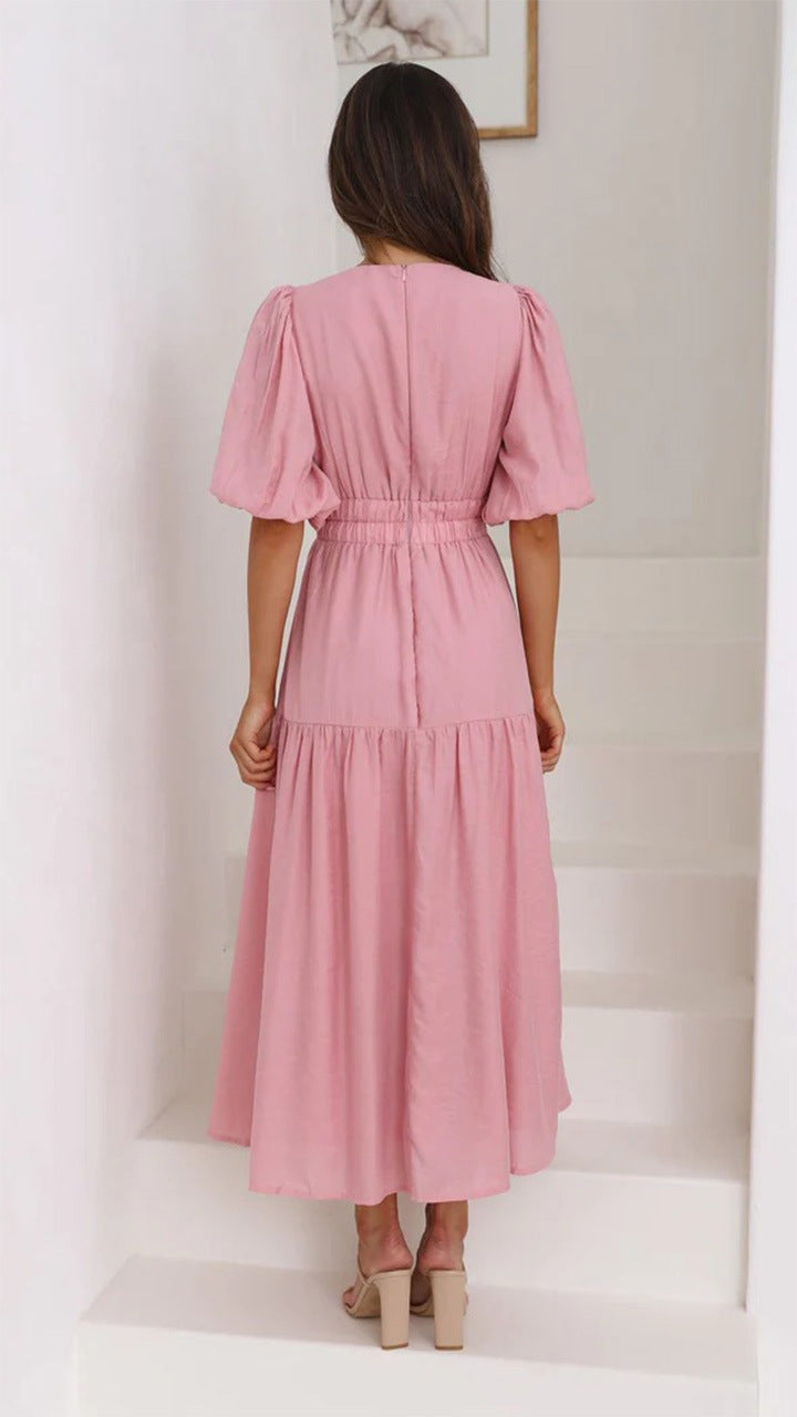 Deep V-Neck Puff-Sleeve Smocked-Waist Tiered Midi Dress 3