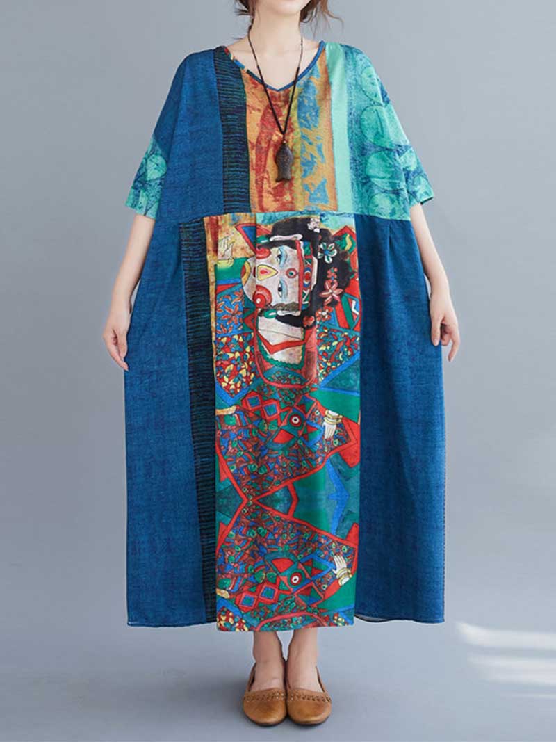 Abstract Art Print V-Neck Patchwork Kaftan Maxi Dress