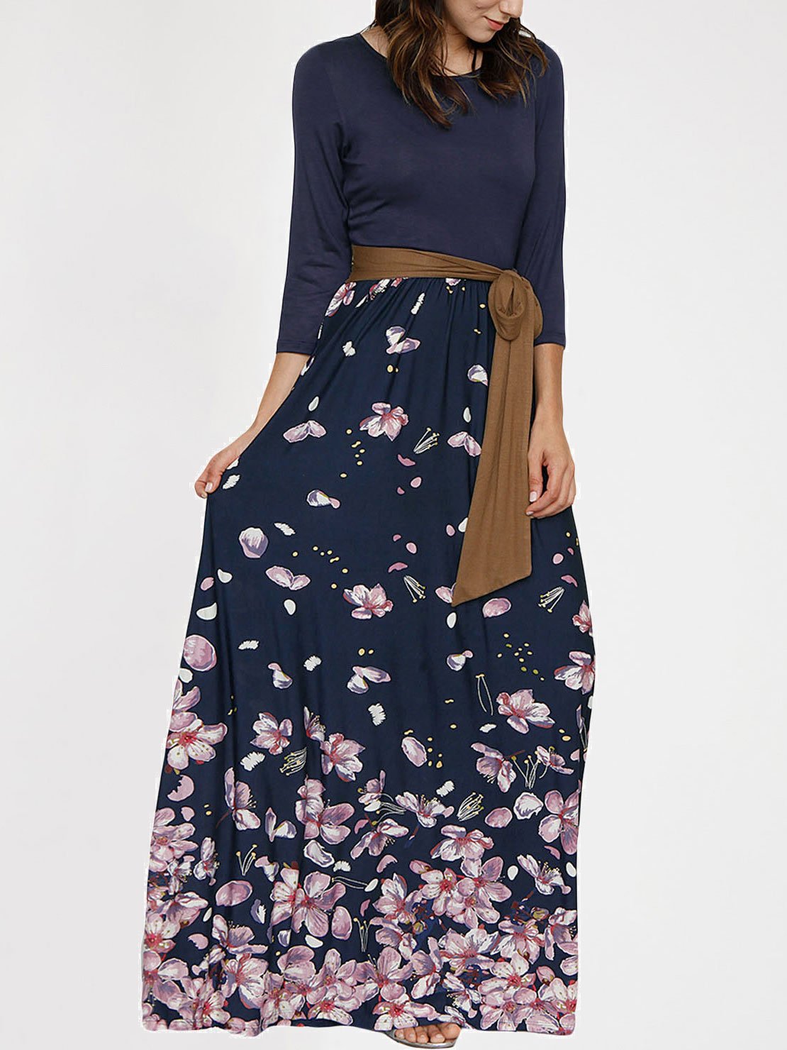 Floral Print Three-Quarter Sleeve Belted Maxi Dress 2