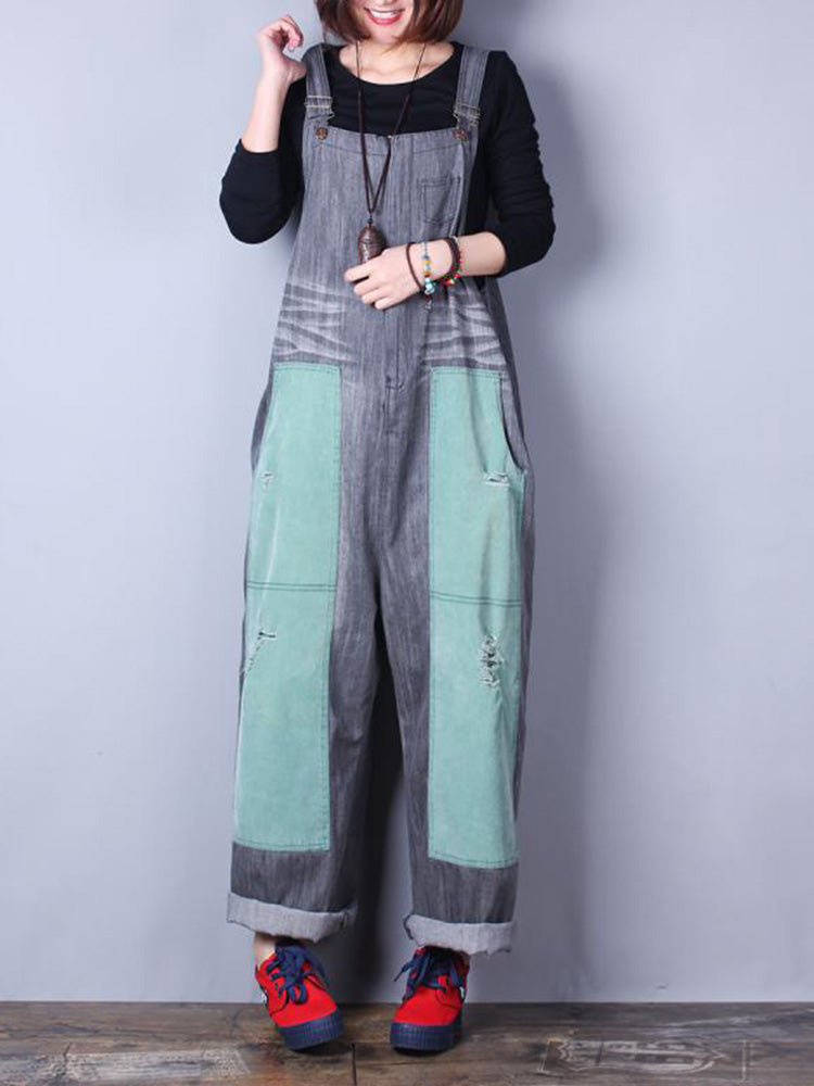 Happy Heart Color Contrast Denim Overall Dungarees - Fashionpara