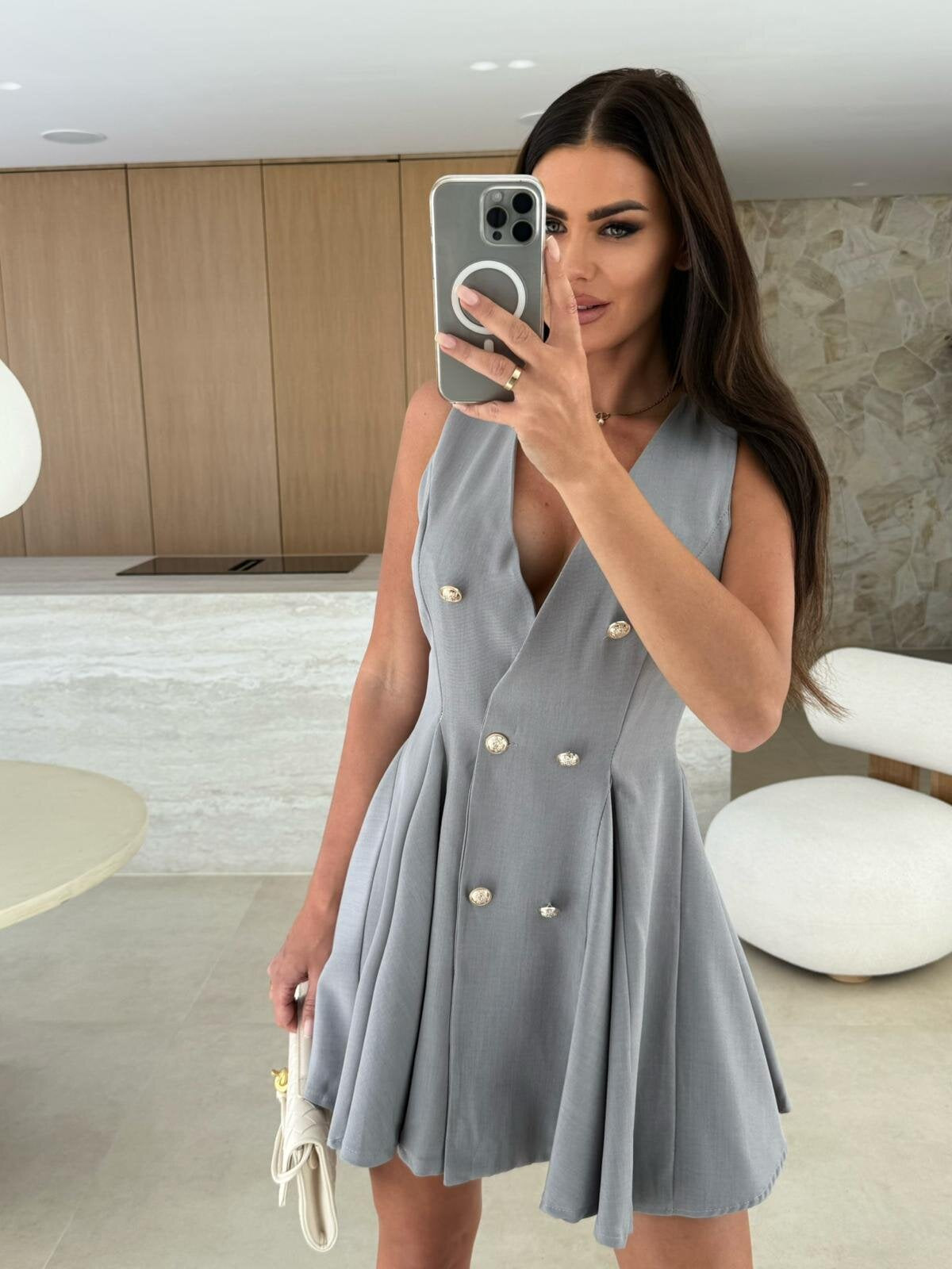 Deep-V Sleeveless Double-Breasted Pleated Mini Dress 3