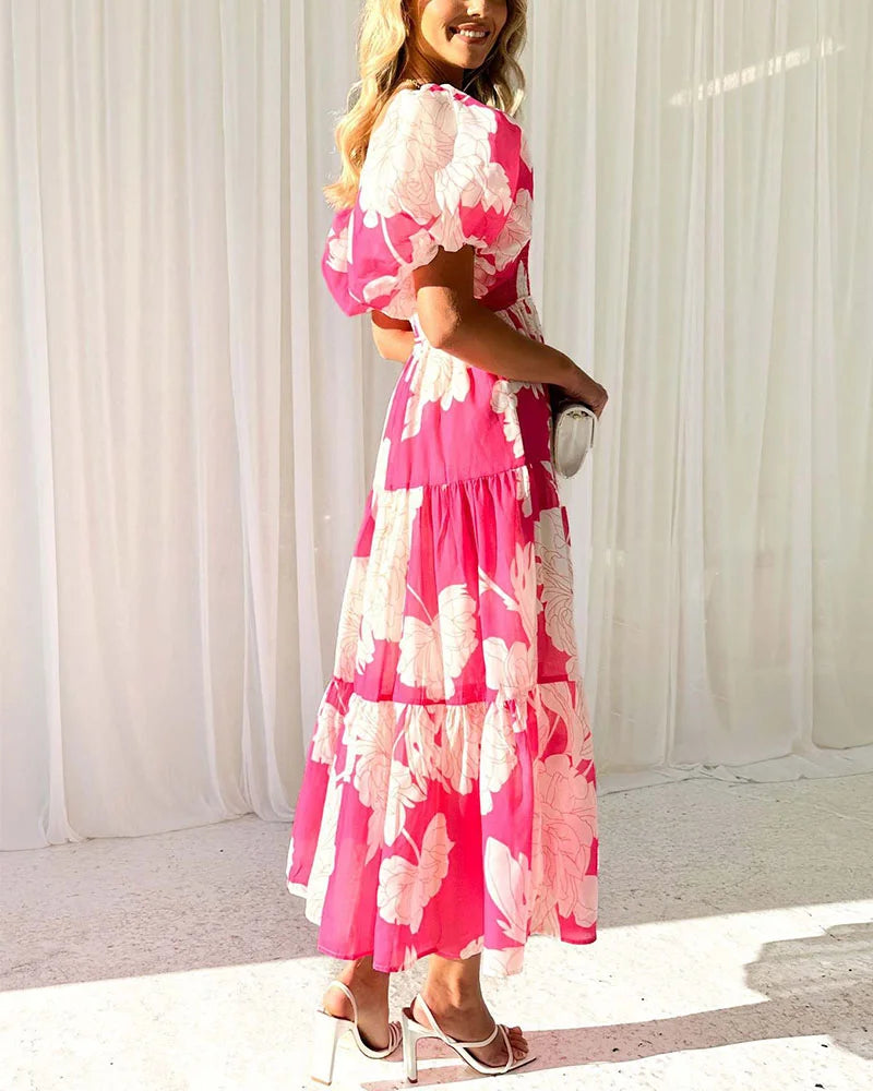 Elegant printed one-shoulder puff-sleeve dress - Fashionpara