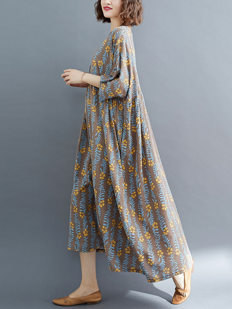 women summer loose round neck print short-sleeved plus size mid-length smocked dress - Fashionpara