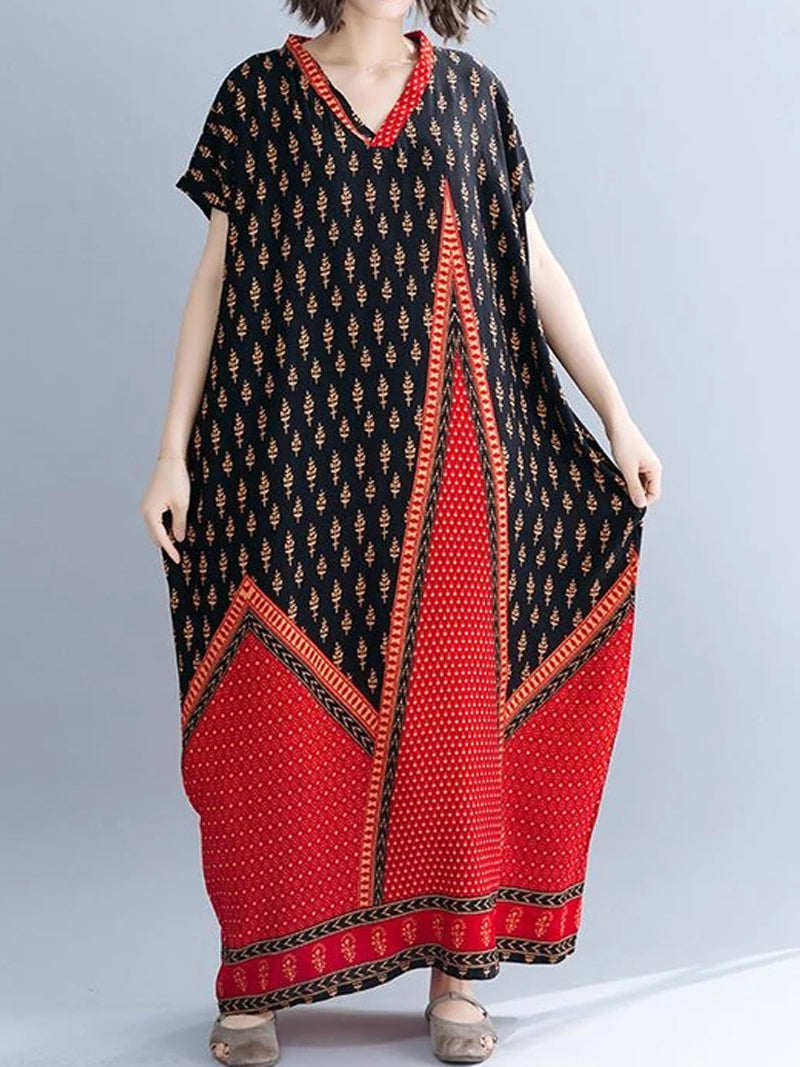 Ethnic Border Print V-Neck Short Sleeve Kaftan Maxi Dress 3