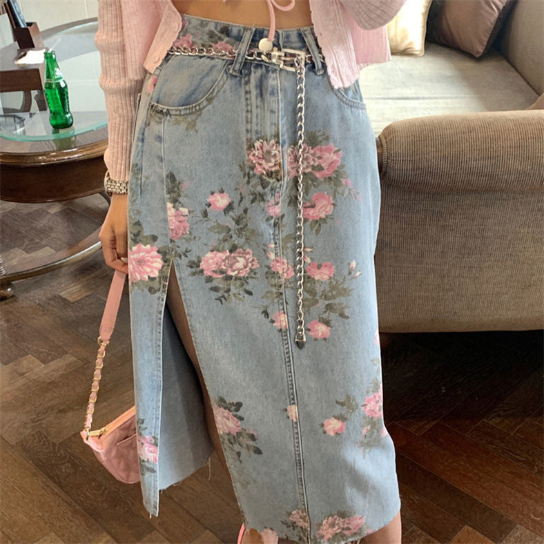 Vintage Flowers Sexy Open Long Denim Skirts - Fashionpara