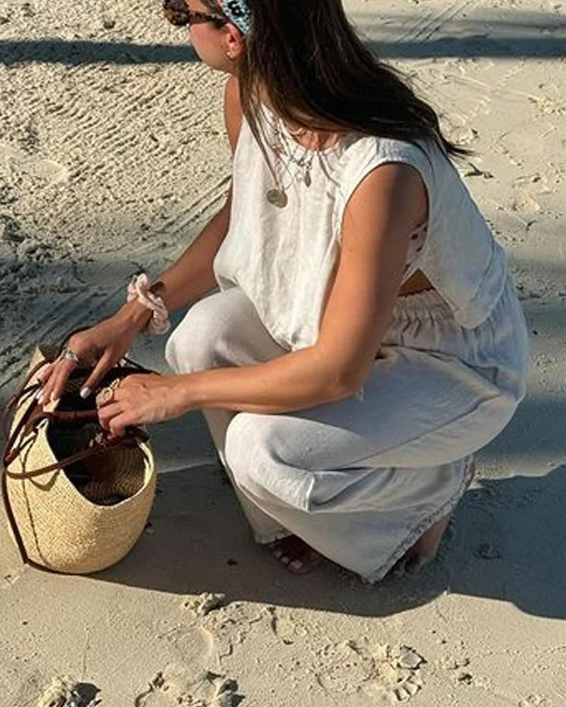 Casual Solid Lace-Up Vest & Pants Two-Piece Set - Fashionpara