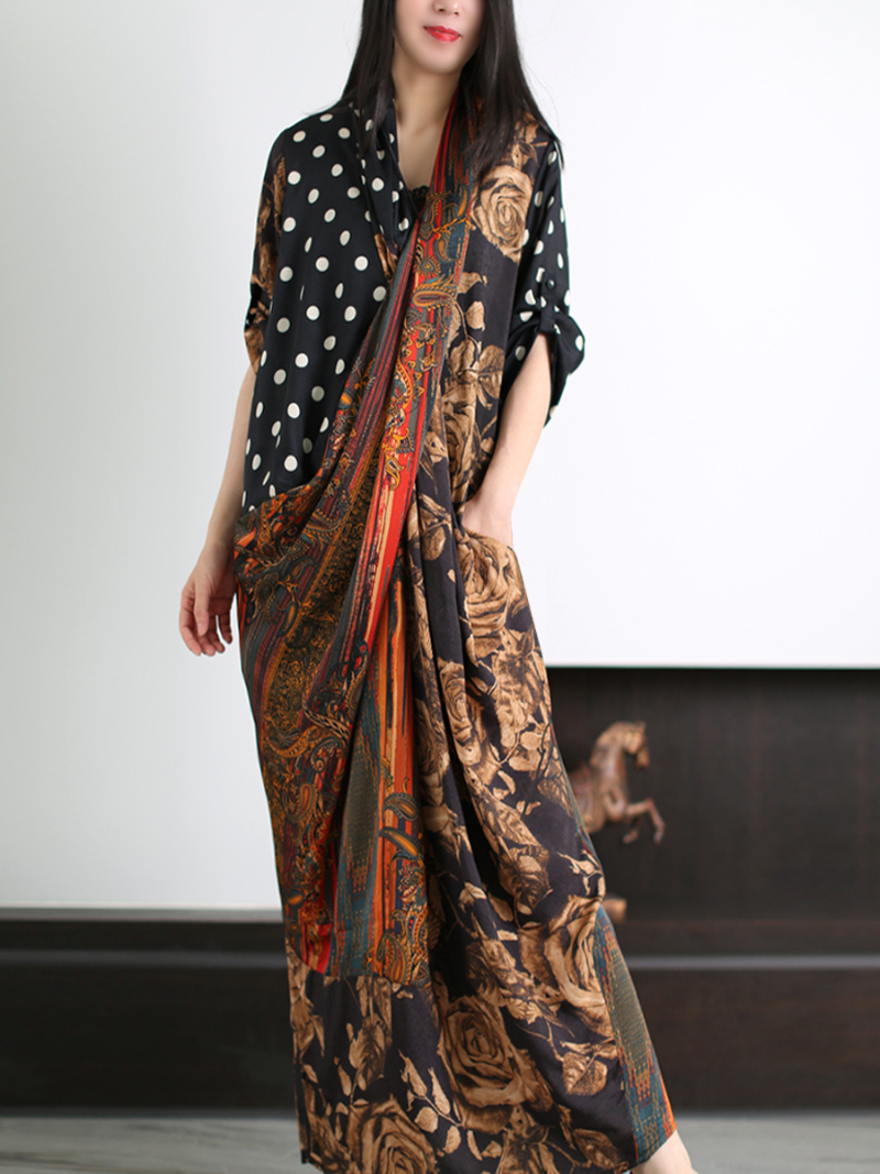 Mixed Floral Print V-Neck Batwing Kaftan Maxi Dress 2