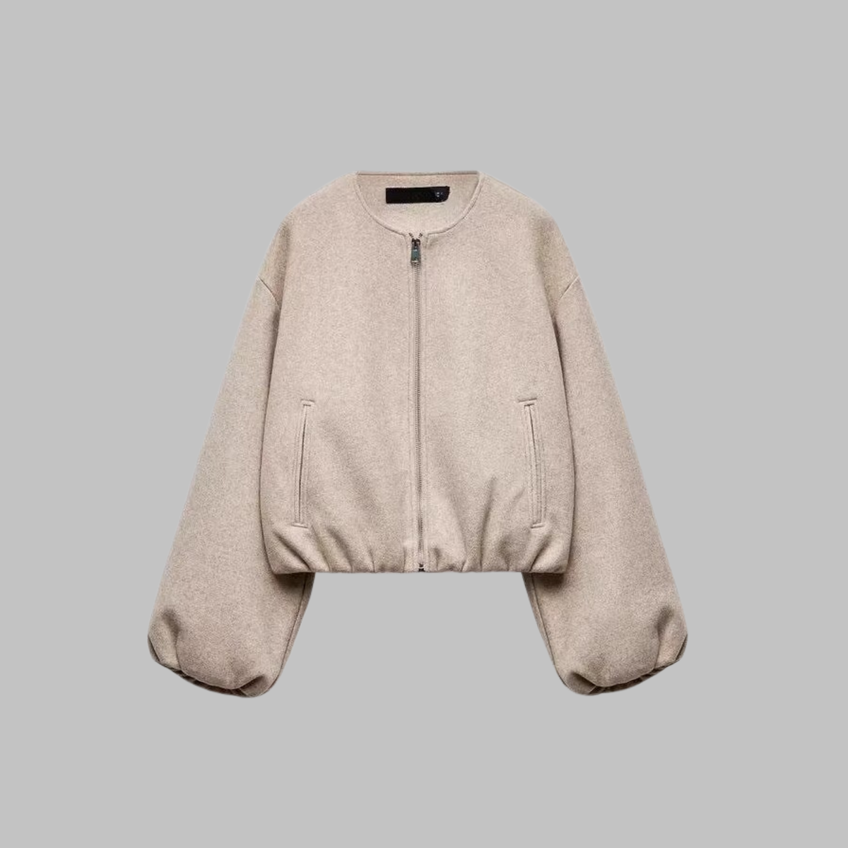 Zip Front Balloon Sleeve Cropped Wool Look Bomber Jacket 3