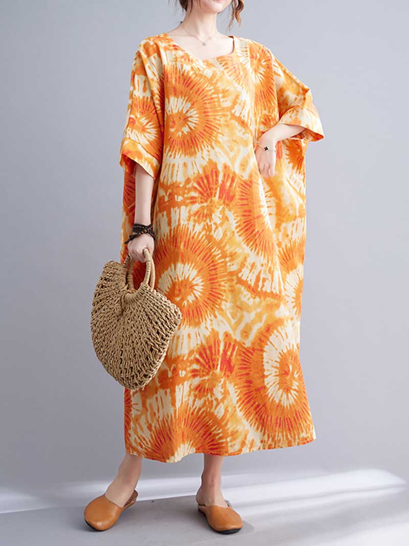 Tie-Dye Print Round Neck Short Sleeve Cocoon Midi Dress 5