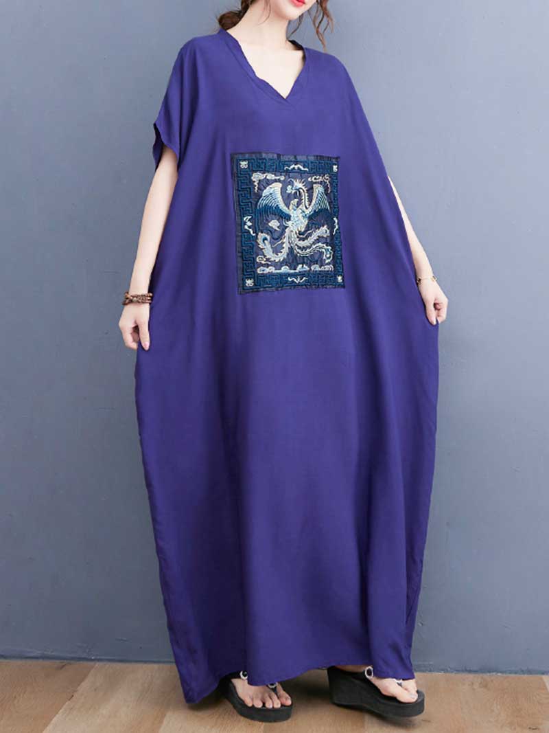 Embroidered Patch V-Neck Short Sleeve Kaftan Maxi Dress 3