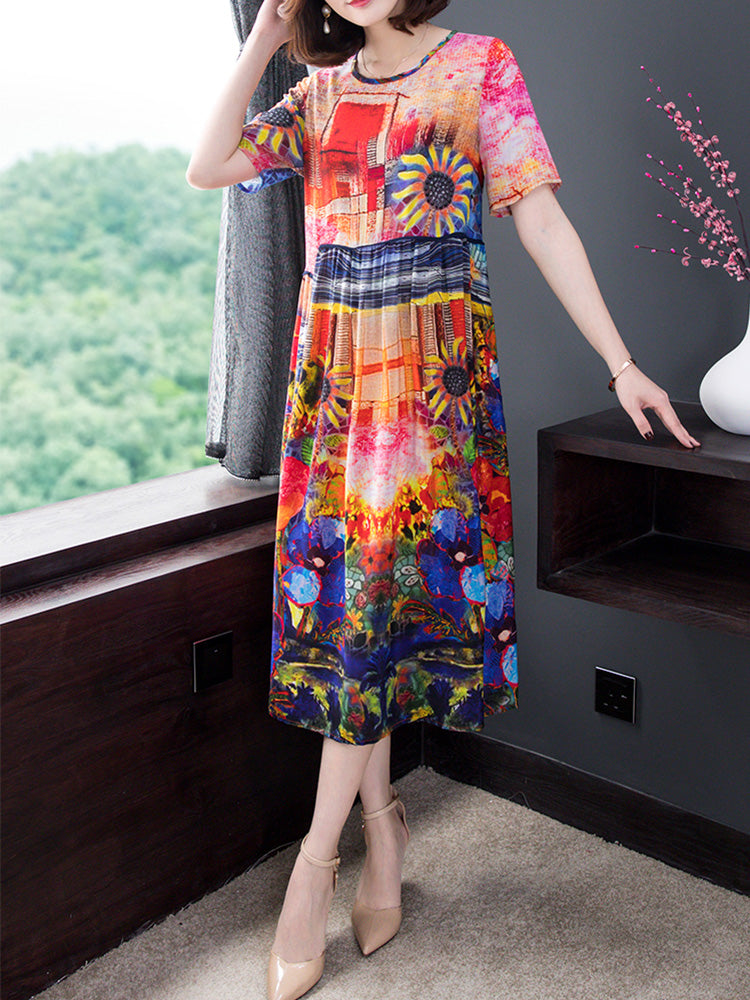 Abstract Floral Round Neck Short Sleeve A-Line Midi Dress 2