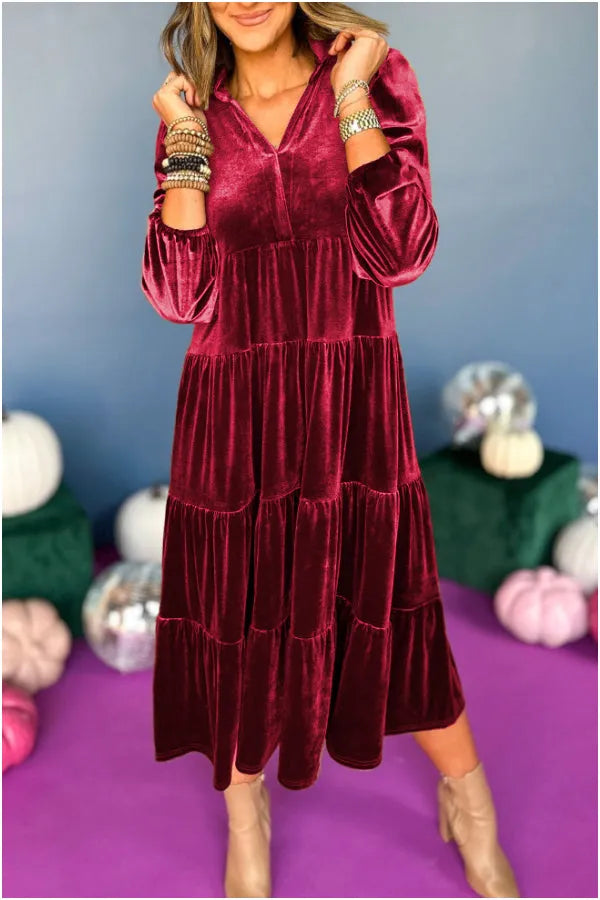 Velvet Collared Long Sleeve Tiered Swing Midi Dress - View 4