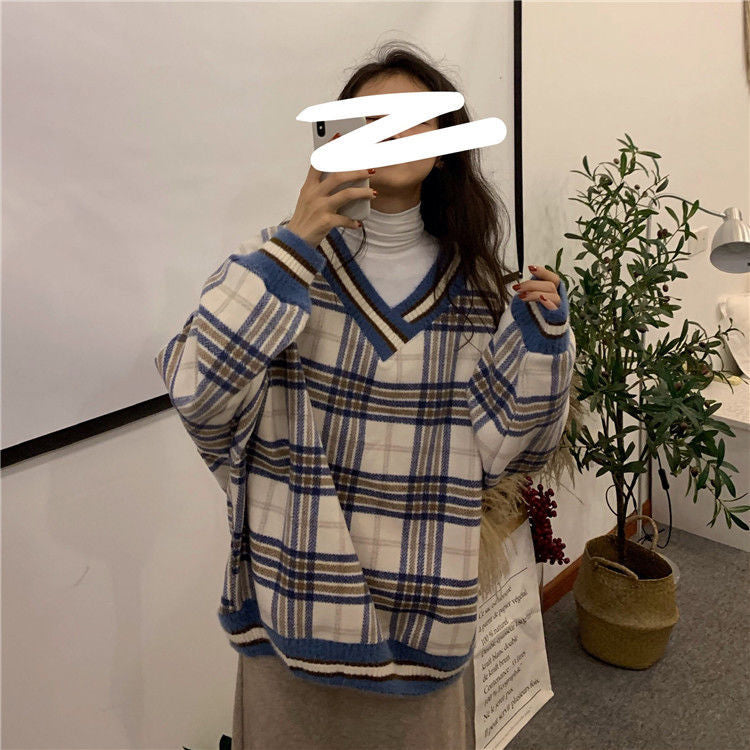 KittenAlarm - Classic V-Neck Plaid Knitted Loose Sweater