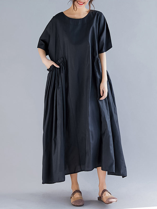 Cotton Round Neck Short Sleeve Ruched Pocket Cocoon Maxi Dress 2