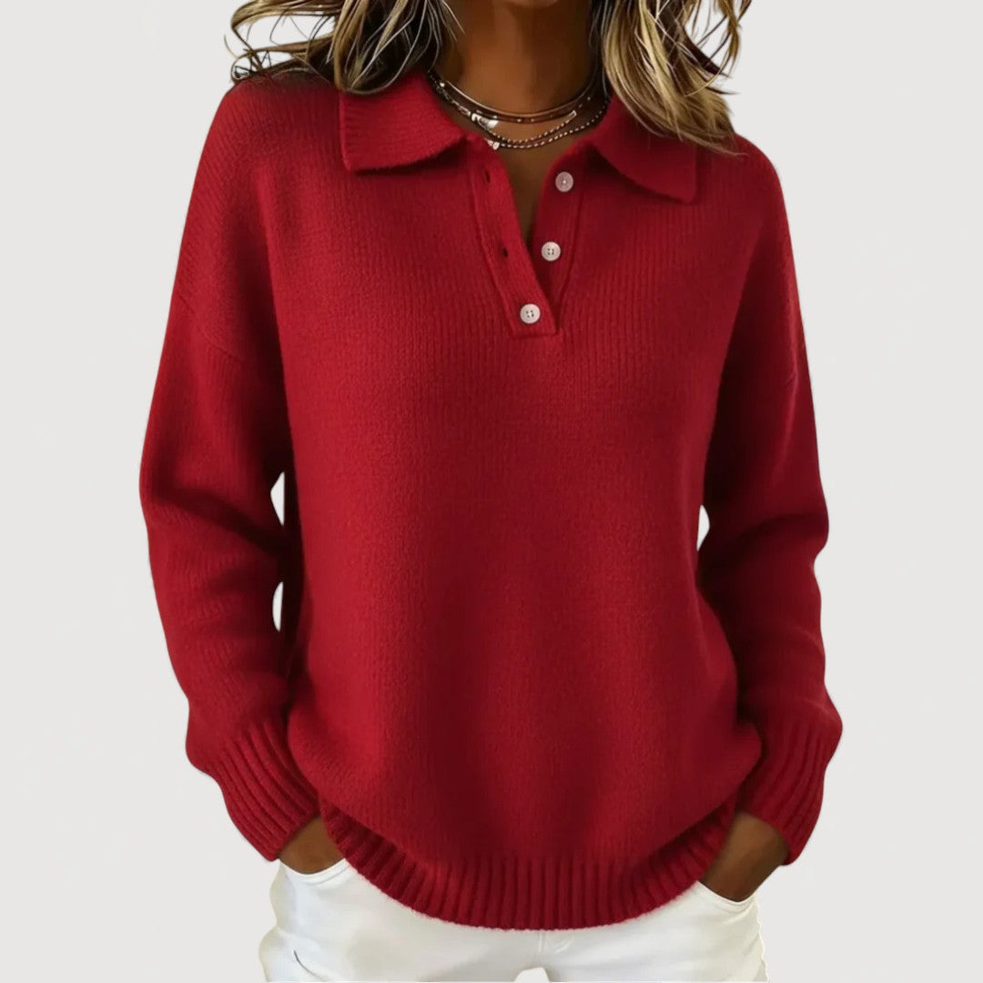 Collared Button Placket Long Sleeve Knit Sweater