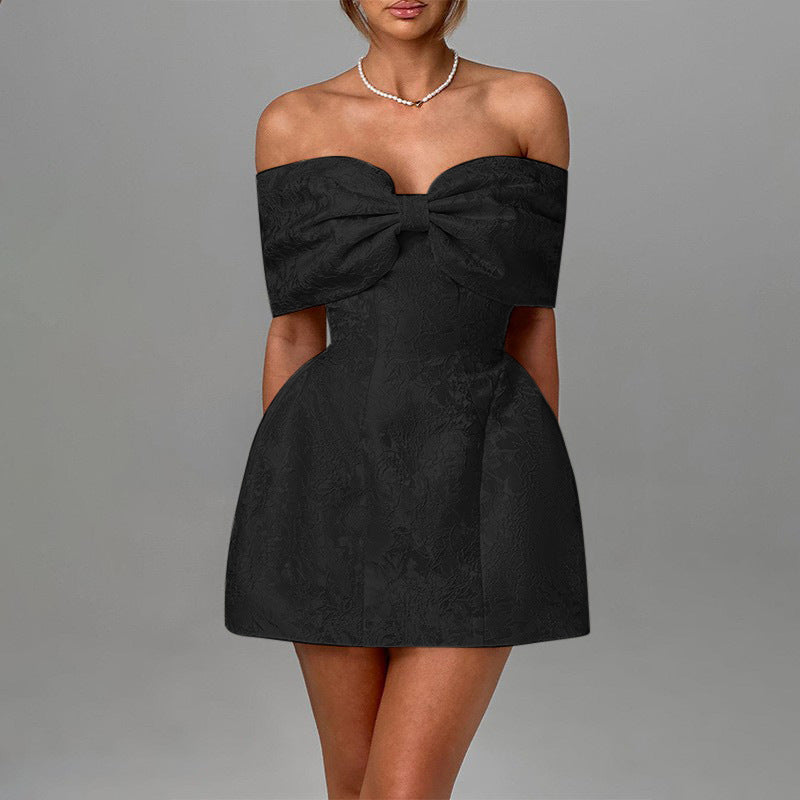 Jacquard Off-Shoulder Bow-Front Puffball Mini Dress 3