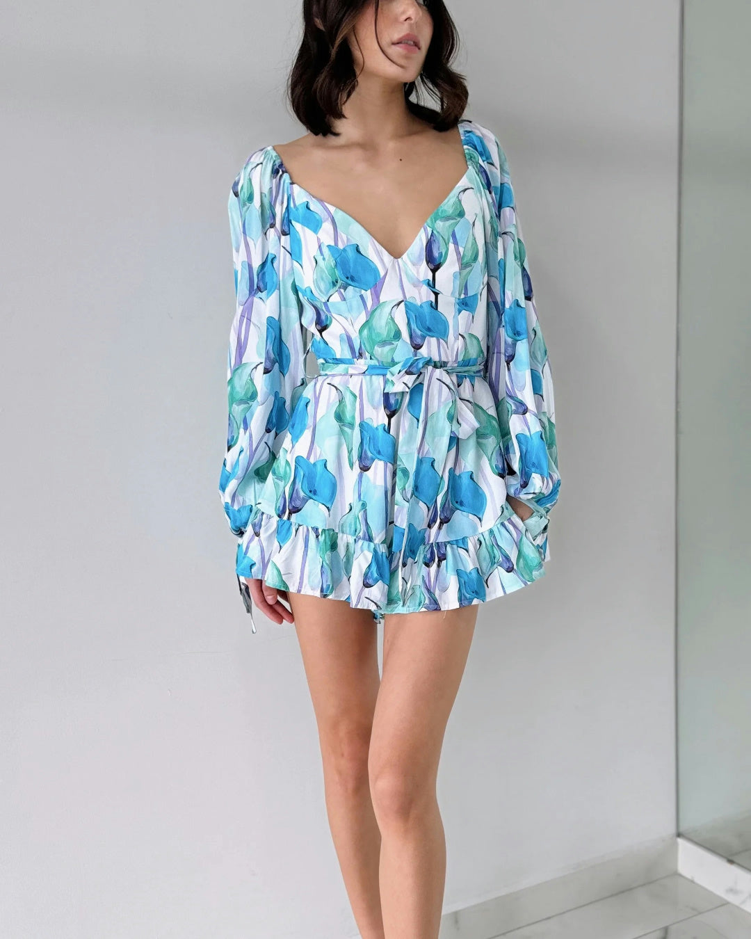 Blue Floral Ruffle Romper - Fashionpara