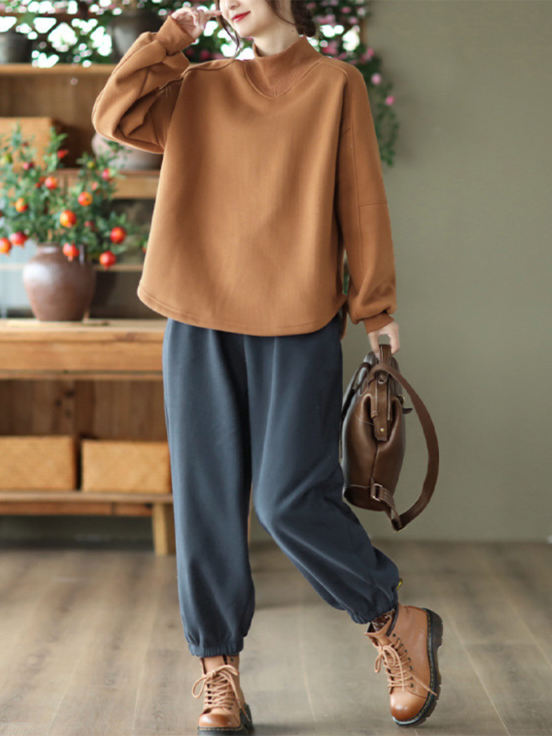 Long sleeves Pullover Plus Fleece Casual Sweater Loose Top - Fashionpara