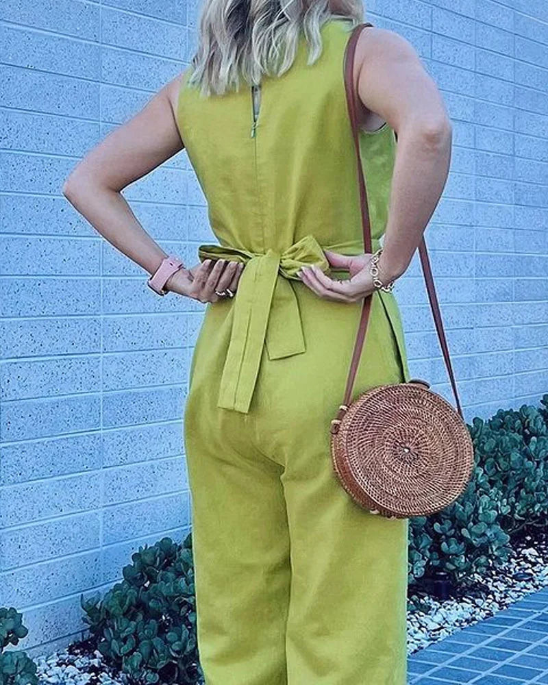 Casual Solid Color Pleated Sleeveless Pants - Fashionpara