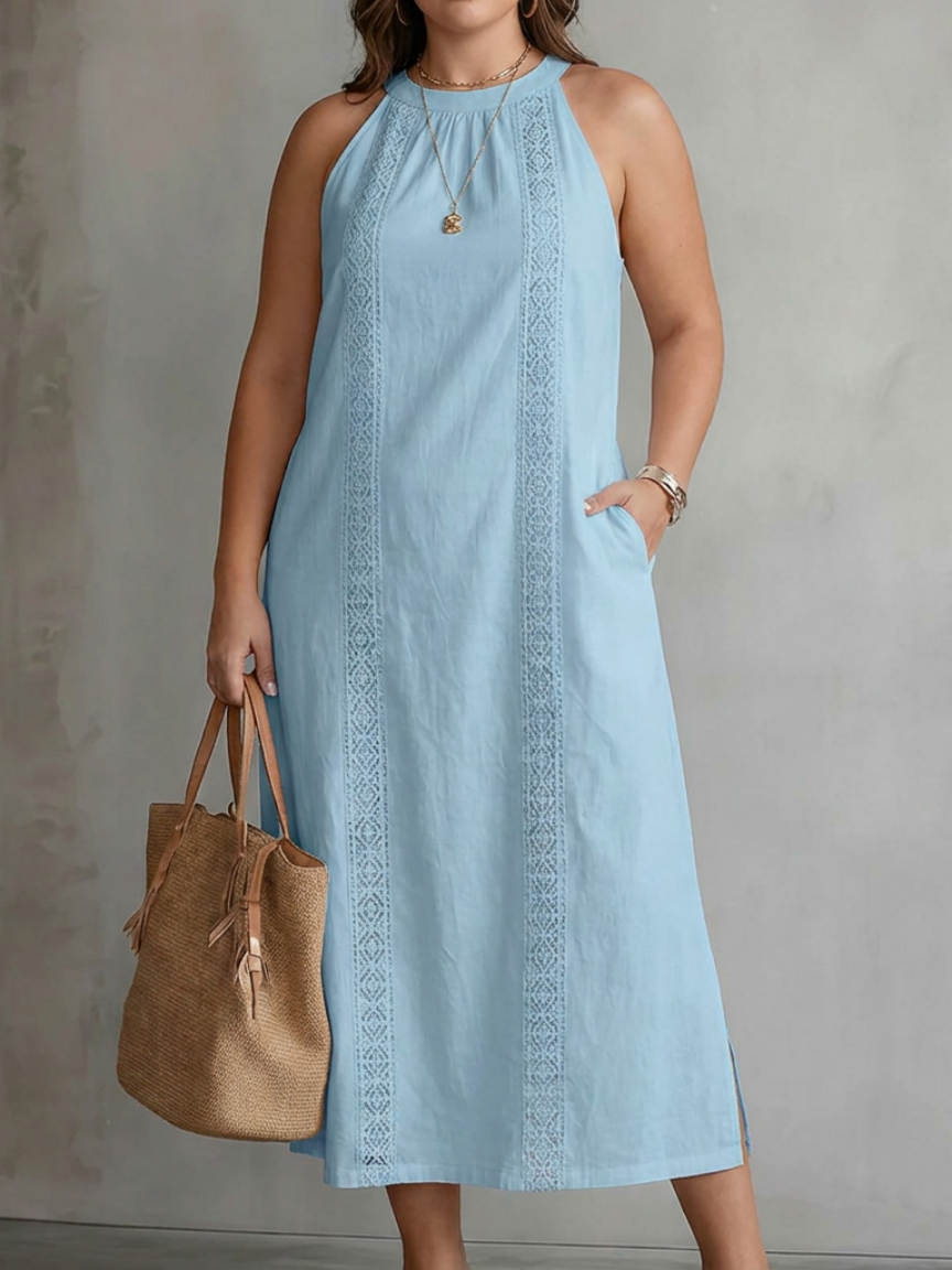 Halter Neck Sleeveless Lace Trim Side Split Midi Dress 10