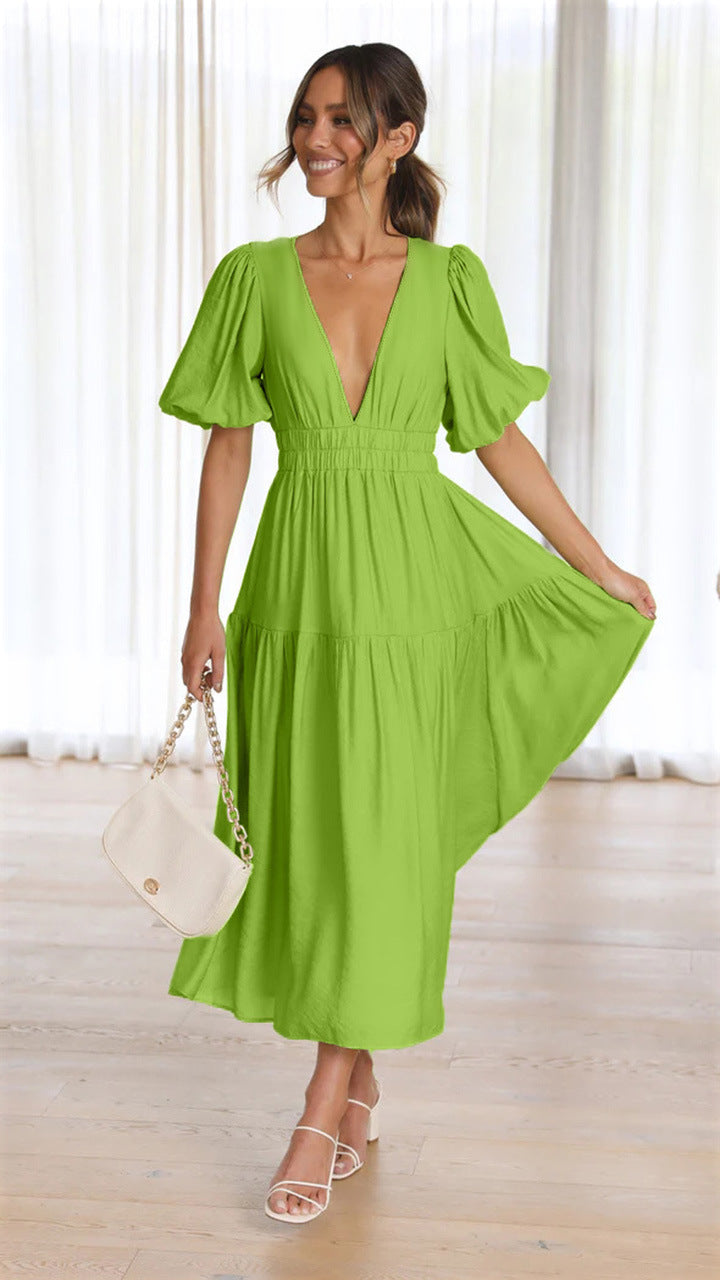 Plunge Neck Puff Sleeve Smocked Waist Tiered Midi Dress 2
