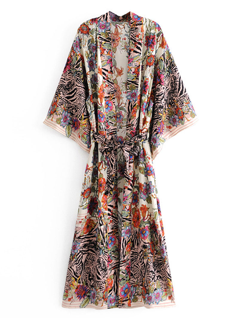 Beachwear Floral Print Black Color Cotton Long Length Gown Kimono Duster Robe 2